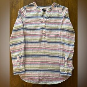 Talbots Linen Stripe Camp Shirt Blouse Tunic Relaxed Fit Long Sleeve‎ Women XS